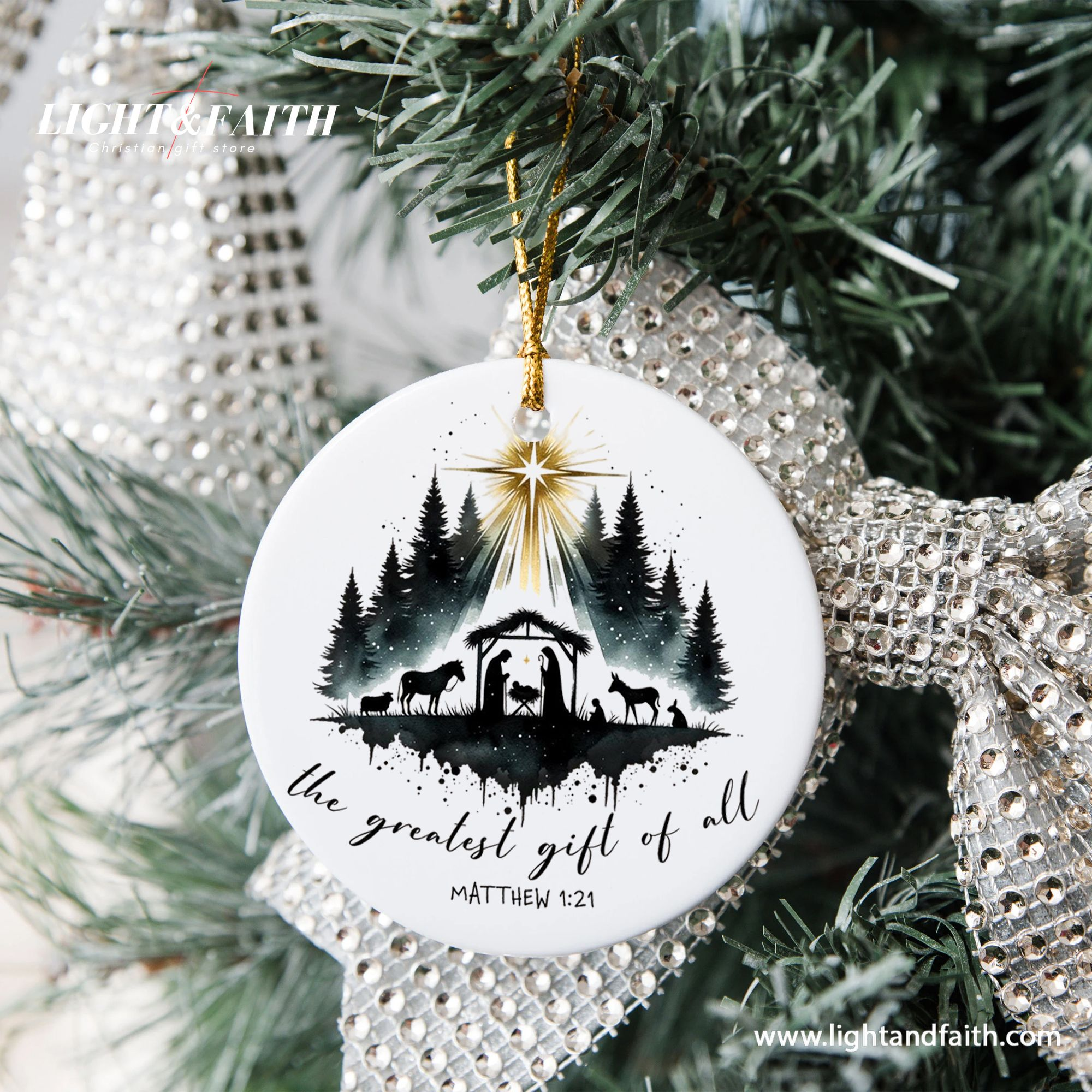Nativity Scene Christmas Ornament, The Greatest Gift of All Matthew 1:21, Christian Holiday Decoration, Holy Family Religious Xmas Decor DCLAF47